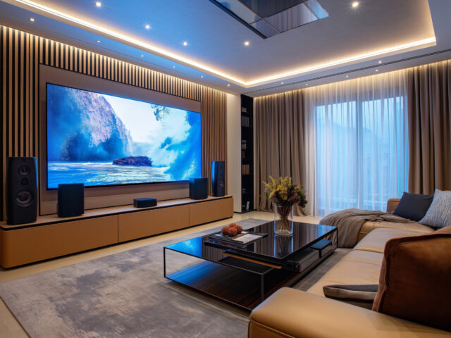 A modern living room with a large flat-screen TV displaying a nature scene, surrounded by speakers. The room features a sectional sofa, a coffee table, and ceiling lights.