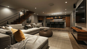 A modern basement living area with a large sectional sofa, a round ottoman, a textured rug, and a kitchen island with barstools. Wooden stairs lead to the upper floor.