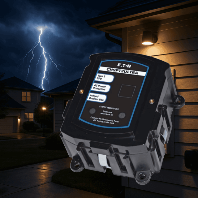 A whole-home surge protector overlaid in front of a home with a lightning strike in the distance.