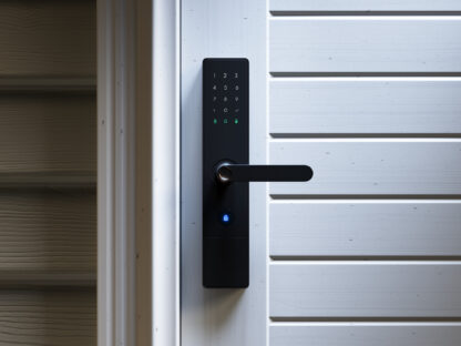 A modern electronic door lock with number keypad is installed on a light-colored wooden door.