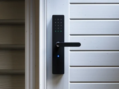 A modern electronic door lock with number keypad is installed on a light-colored wooden door.