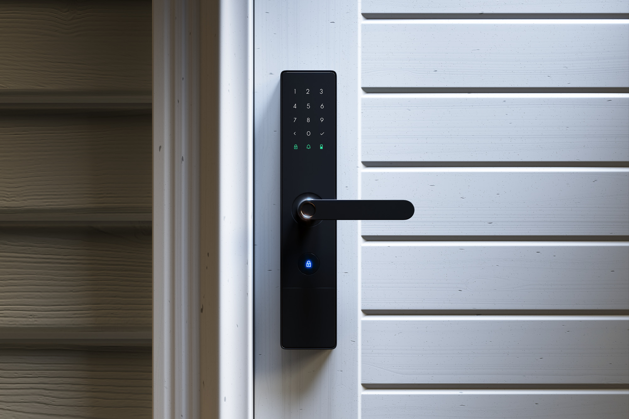 A modern electronic door lock with number keypad is installed on a light-colored wooden door.