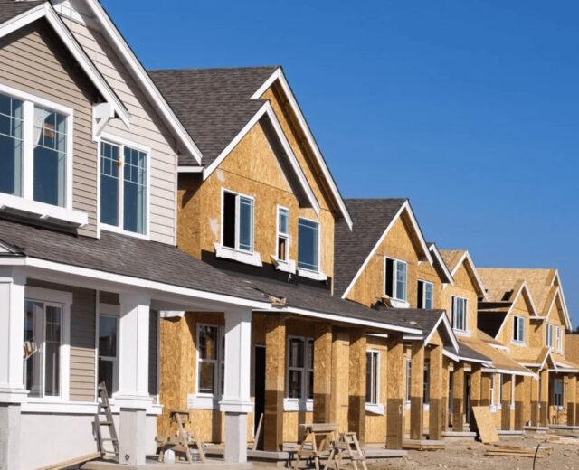 Row of houses under construction with wooden frames, windows, and partially completed exteriors under a clear blue sky.