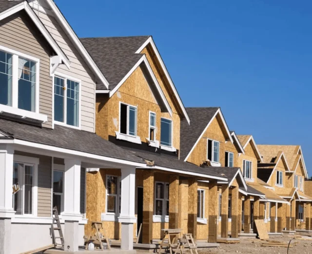 Row of houses under construction with wooden frames, windows, and partially completed exteriors under a clear blue sky.
