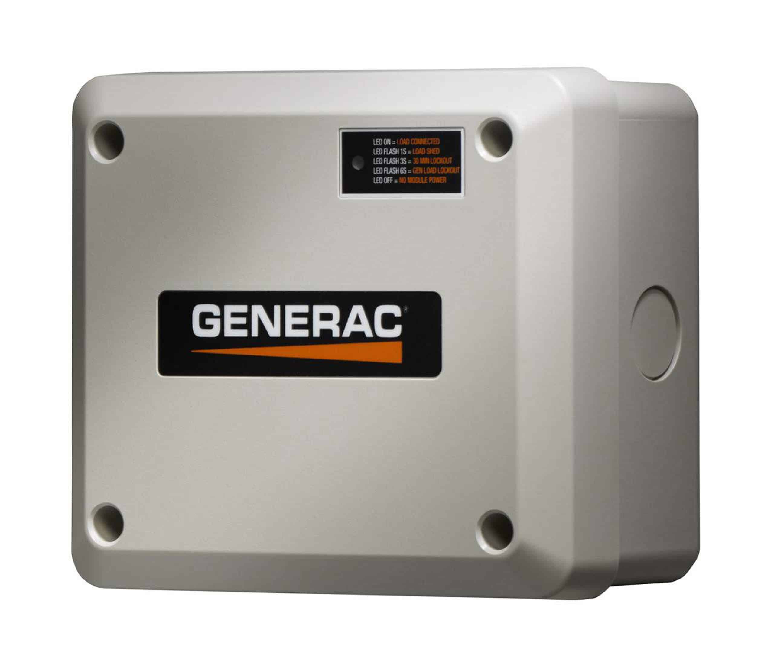 A beige Generac electrical panel box with a black and orange logo and four LED status indicators on the top right.
