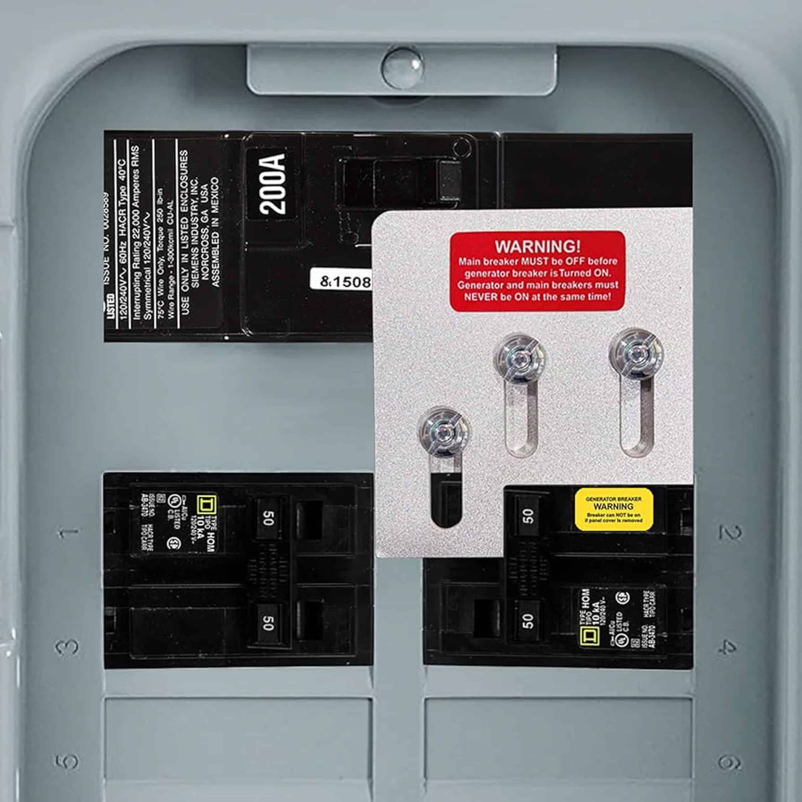 Close-up of an electrical panel with multiple switches, including a 200A switch. A warning sign advises turning off the main breaker before using a generator.