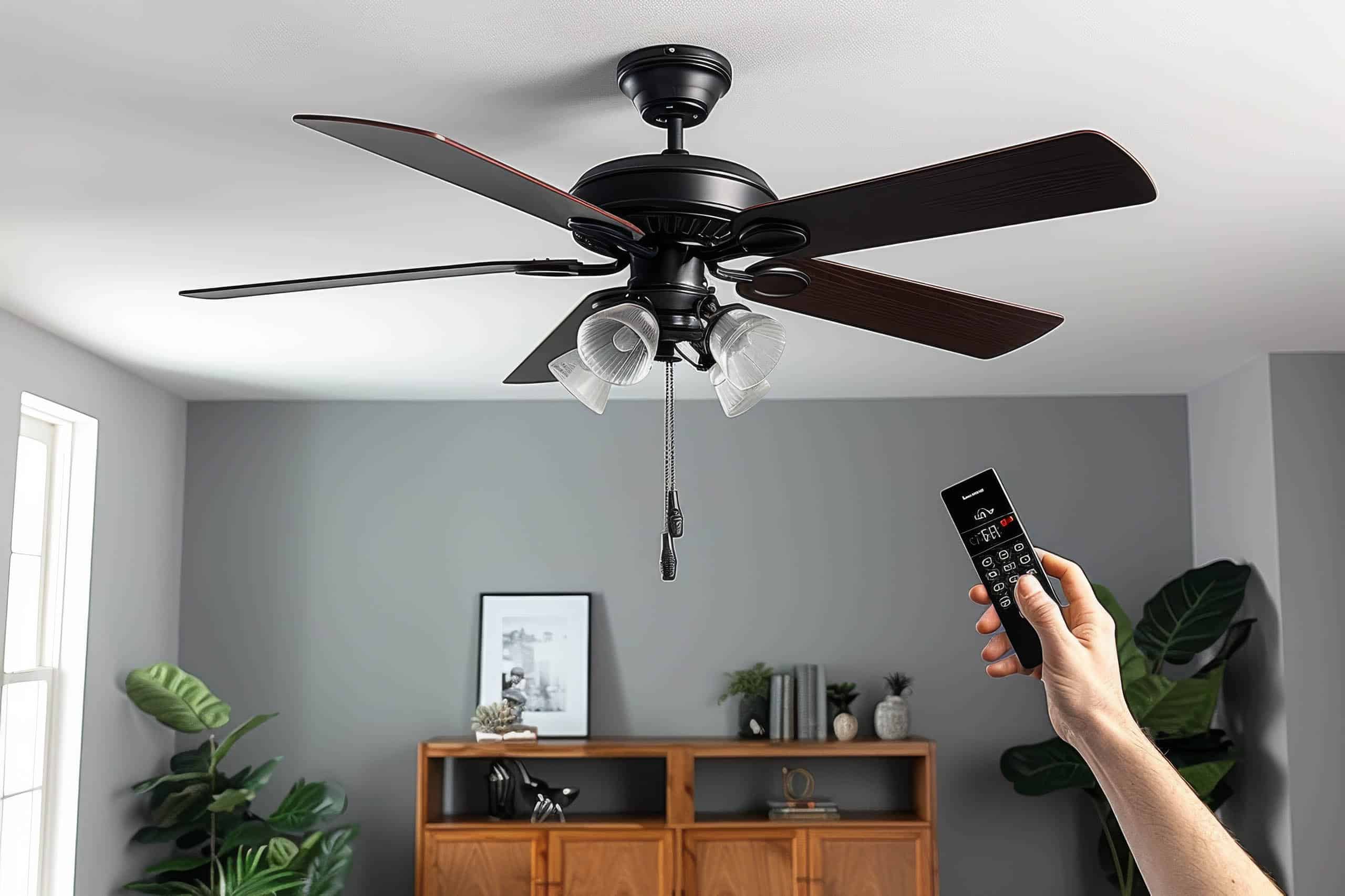 A hand holding a remote points at a black ceiling fan with four blades and lights, mounted in a modern room with gray walls and plants.