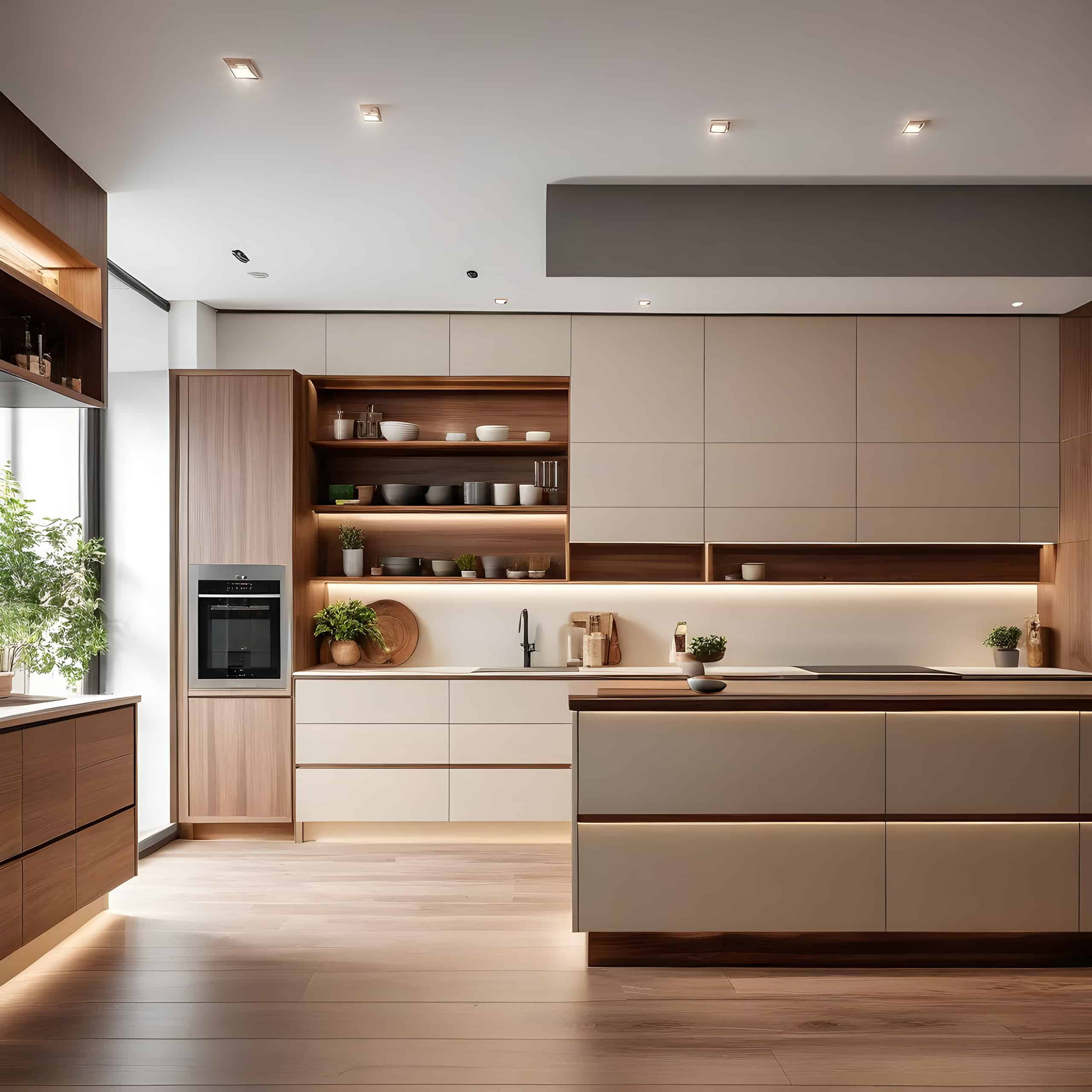 Modern kitchen with wooden cabinets, island, and open shelving. Natural light illuminates the space, highlighting potted plants and neatly arranged kitchenware.
