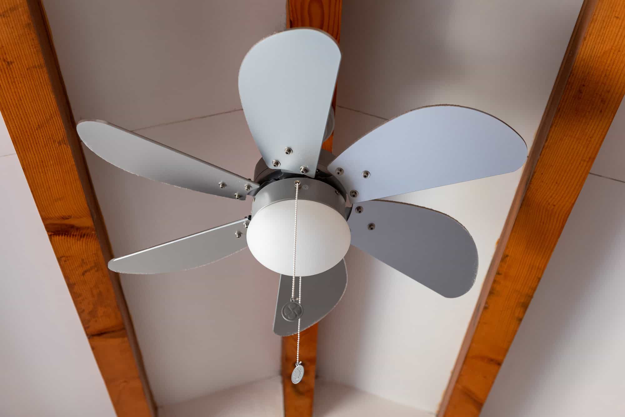Ceiling fan with five alternating gray and white blades, a central light fixture, and pull chains, mounted on a ceiling with exposed wooden beams.